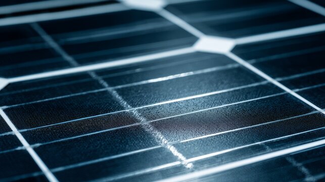 Close-up of monocrystalline solar panel with blue squares and silver busbars.
