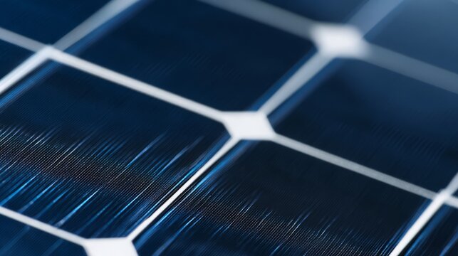 Close-up of monocrystalline solar panel with blue squares and silver busbars.
