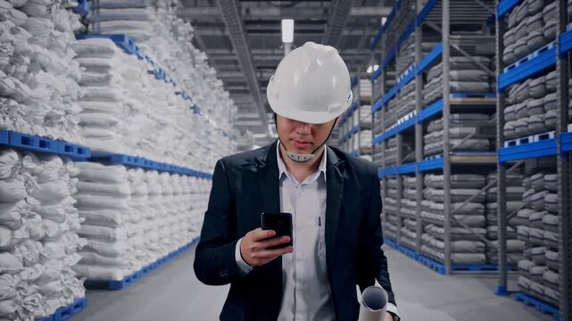 Front View of Asian Businessman Use Smartphone, Holding Blueprint While Walking at Warehouse storage with stacked white sacks