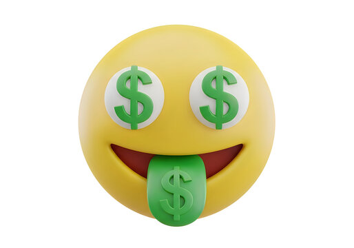 Happy emoji with dollar signs eyes and tongue isolated on white background