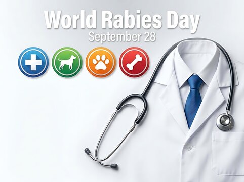 World rabies day awareness poster with veterinary symbols and stethoscope on lab coat design