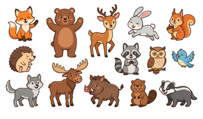 Obraz premium Cartoon Forest Animals Vector EPS 10 Cute Woodland Wildlife Collection Isolated on White Background