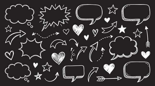Hand drawn chalk speech bubbles arrows stars and hearts icons set on blackboard background