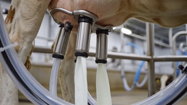 Cow Udder Milking Machine Extracting Milk, Closeup Of Stainless Steel Teat Cups And Clear Tubes, Steady Milk Streams Flowing Into Collection System, Industrial Parlor With Metal Railings And Blue