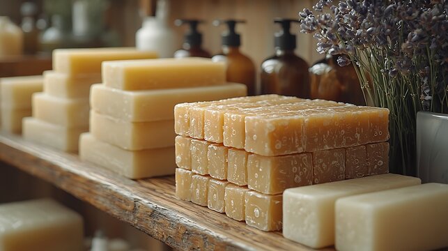 Stacks of handmade soaps and dried lavender flowers on a wooden shelf bar soap