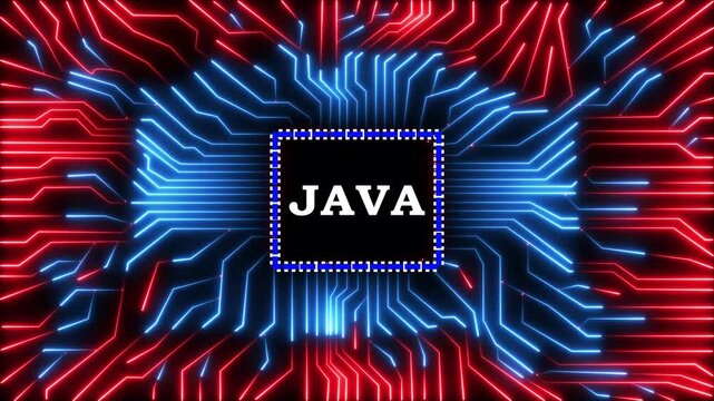 Java programming language in digital circuit board cpu concept loop animation.