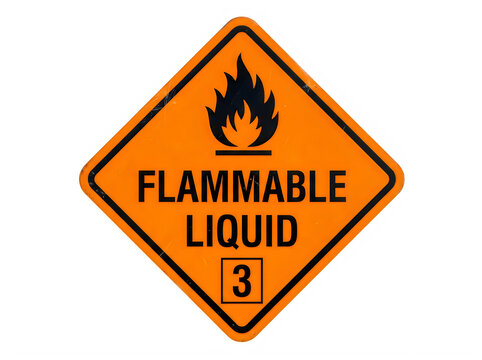 Orange flammable liquid hazard sign with fire symbol and number three