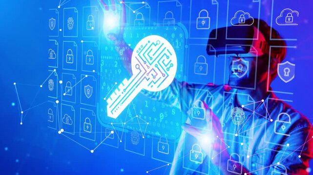 Futuristic Virtual Reality User Experiencing Digital Security Concepts with Innovative Key and Data Protection Illustrations. Entropy.