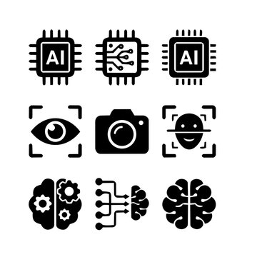 Black and white artificial intelligence icon set for machine learning and biometric technology