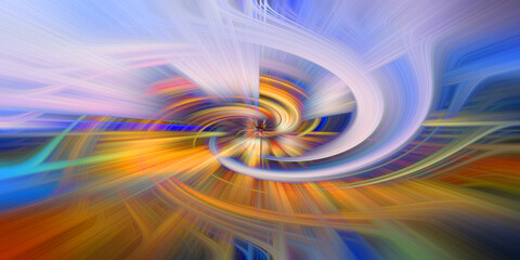 Abstract background with vibrant swirling light trails and glowing colorful lines in spiral motion for futuristic technology. © md