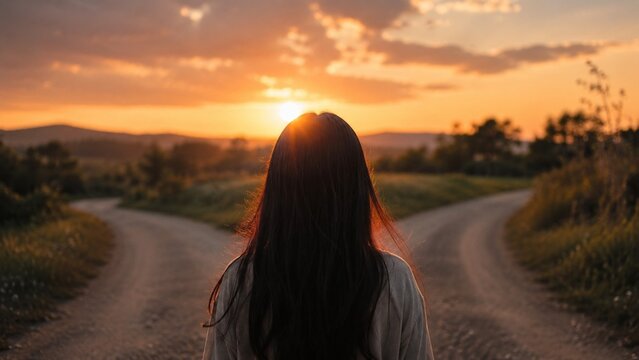 夕焼けに照らされた分岐路で立ち止まる女性のシルエット。人生の選択、仕事の転機、そして前進への期待と迷いを静かに映し出す、感情的でコンセプチュアルな一枚。