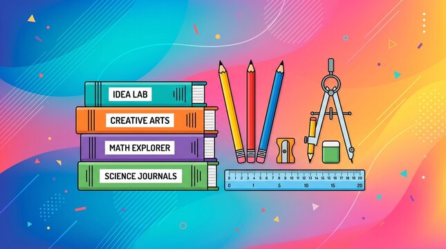 Colorful educational icons, school supplies, books, and stationery, learning tools