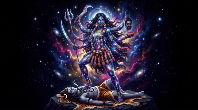 Hindu gods goddess kali standing on shiva in a cosmic nebula background with religion, spiritual