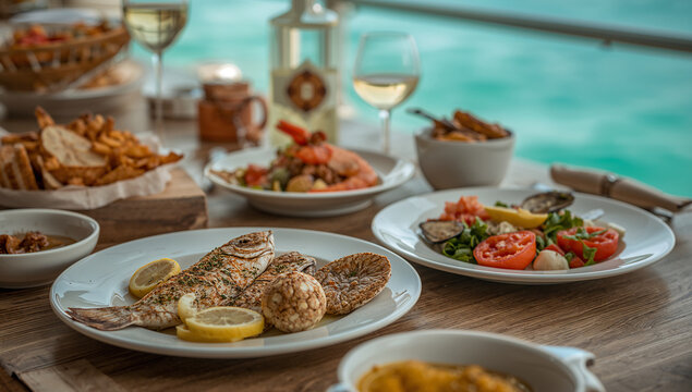 海を背景に魚介料理を大きく写したテラスの食卓