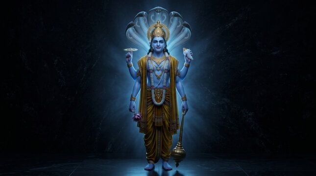 Hindu gods deity standing with multi-headed snake canopy in mystical blue light religion blessing