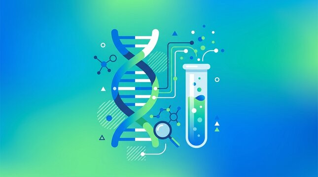 Genetic engineering, DNA helix, test tube, biotechnology concept, blue green gradient background