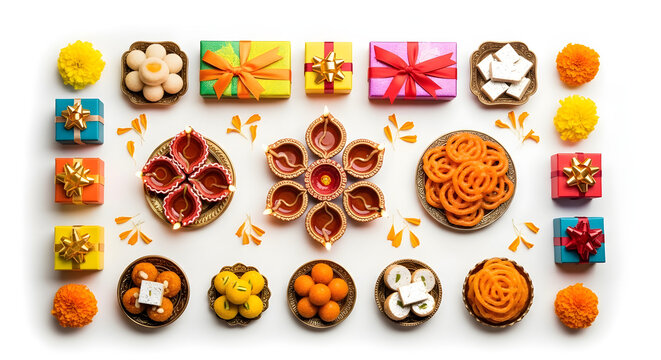 A vibrant arrangement of wrapped gifts and intricately decorated cakes displayed on various plates and boxes in a festive setting with flowers and sweets.