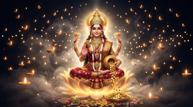 Hindu gods, goddess lakshmi amidst floating glowing lamps, spiritual wealth and festive blessing