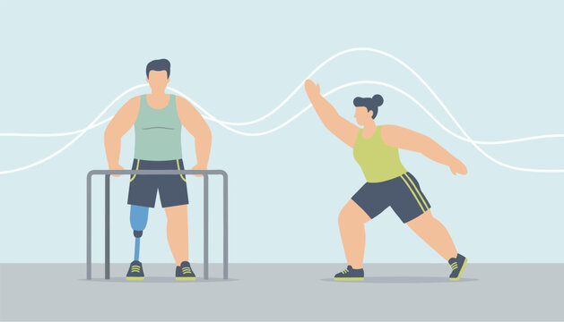 Determined man with a prosthetic leg practices physical rehabilitation and exercises with the guidance of a professional trainer.