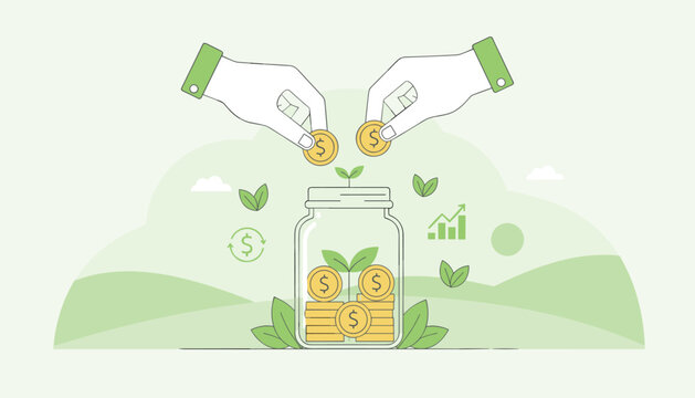 Hands dropping coins into a savings jar with green plants sprouting inside to represent financial growth and green investments.