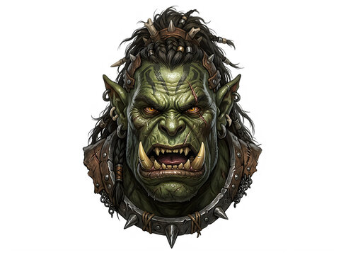 Fierce green orc warrior head with glowing eyes and sharp tusks in detailed pixel art style