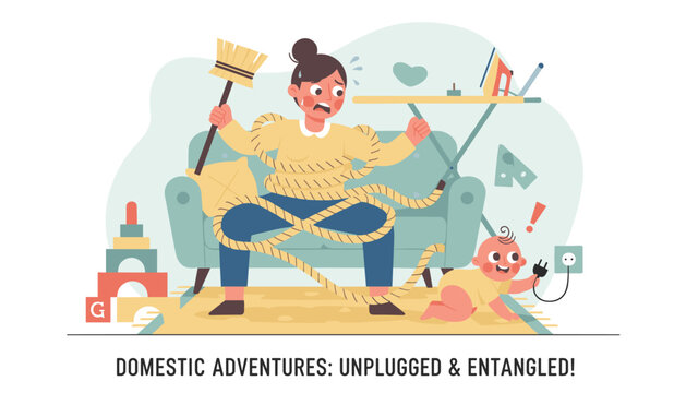 Hectic scene of a frantic mother tangled in ropes holding a broom on the couch while her baby plays dangerously with a power plug.