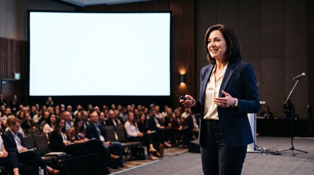 Confident businesswoman presenting to an engaged audience in a modern conference hall with a large blank screen