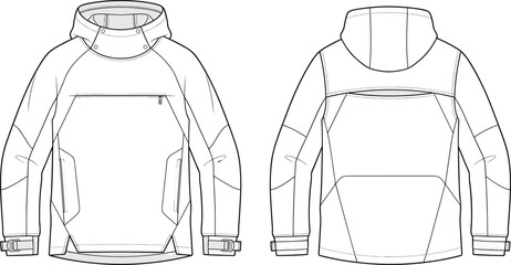 Technical Hooded Anorak Jacket Fashion Flat Sketch Front and Back with Utility Pockets and Adjustable Cuff Design © MstRezoara