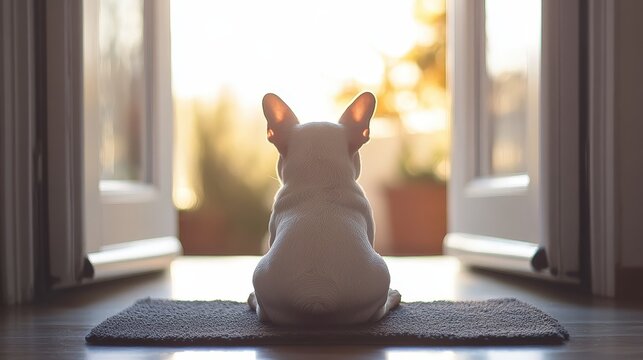 Dog sits on the floor looking out of a door.