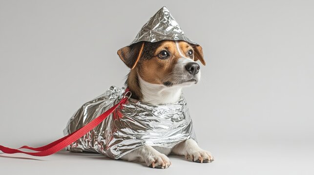 Dog wearing a silver coat and holding a red ribbon.