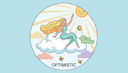 Naklejka premium Optimistic woman sits peacefully on a fluffy white cloud pointing up at a smiling sun representing positive thinking.