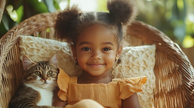 Little girl sits in a wicker with her cat.