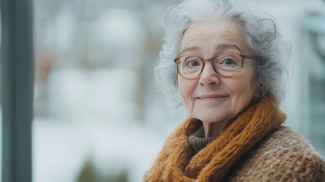 Older woman with glasses and a scarf.