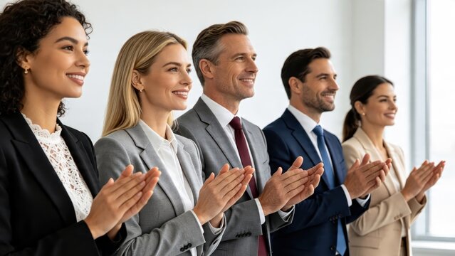 Diverse business team clapping hands in office, corporate success celebration, professional employees applauding achievement and teamwork collaboration concept