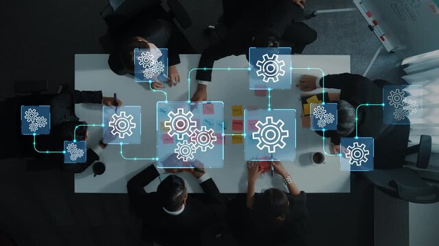 Collaborative Business Meeting with Digital Data Network Illustration Overhead View of Diverse Team Analyzing Data and Strategy in Modern Office Environment. Entropy.