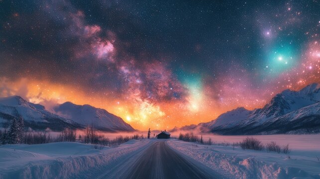 Road in the middle of snow covered mountains.