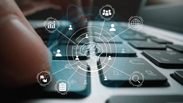 Modern Digital Brain Concept with Networking Icons on Keyboard Background Illustrating Artificial Intelligence and Data Processing. Entropy.