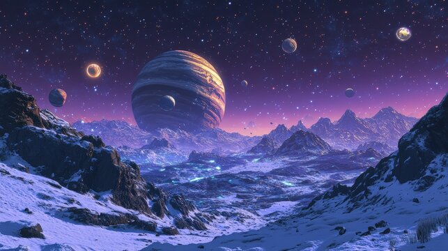 Snowy mountain landscape, with three planets and a distant star in the distance.