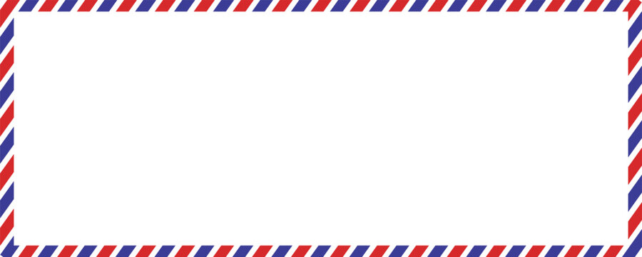 Airmail Envelope frame images with strips. International vintage letter border. Retro air mail postcard with blue and red stripes.  Empty classic postal frame. Vector illustration
