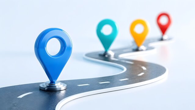 Colorful location pin icons standing on a winding asphalt road. Concept of supply chain logistics, business expansion strategy, and delivery route planning.