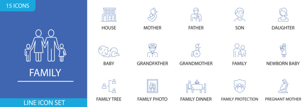 Family Line Editable Icon Set Featuring Parents, Children, Baby, Grandparents, Home, Family Tree, Family Photo, Family Dinner, Family Protection and Pregnancy. Editable Stroke. Vector Illustration.