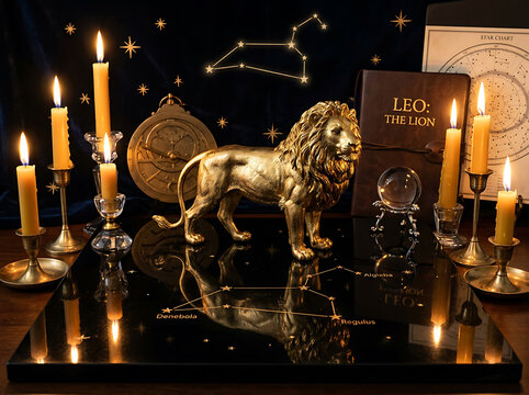 A mystical Leo zodiacal display with a golden lion statue, constellations, candles, and astrological tools, evoking a sense of magic and destiny.