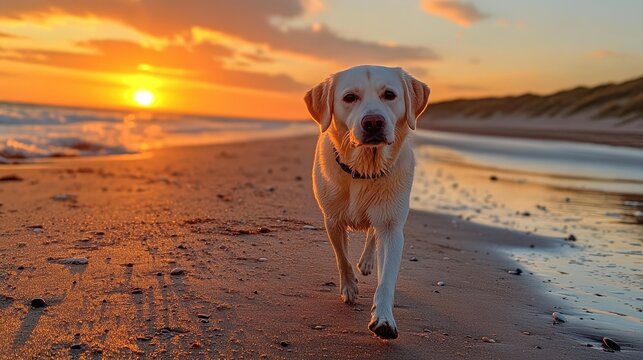 white dog running on sand.