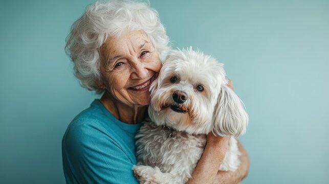 Woman holding her dog and smiling.
