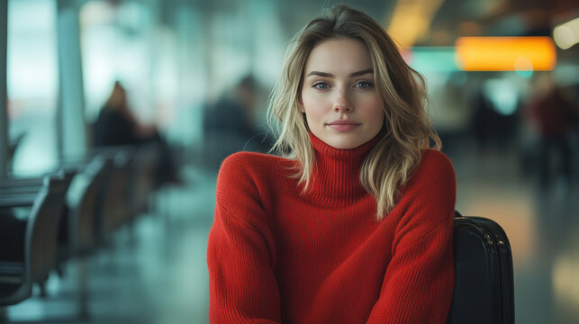 Woman in a red sweater sitting on top of an airport chair.