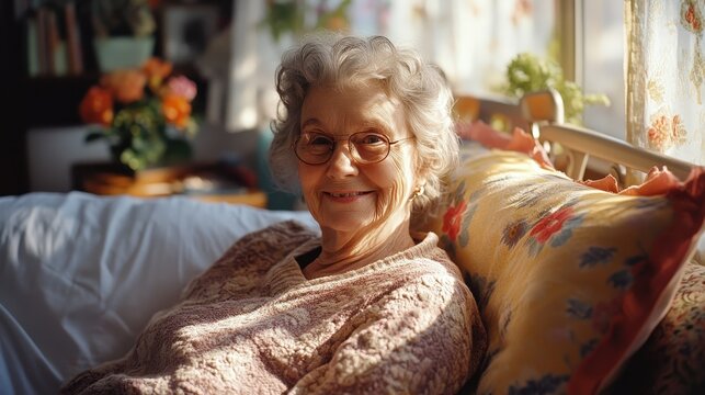Woman is sitting in her couch smiling for the camera.