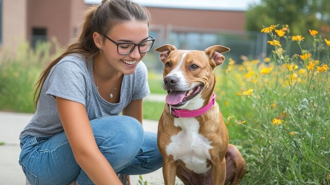 Woman petting her dog in a flower garden.