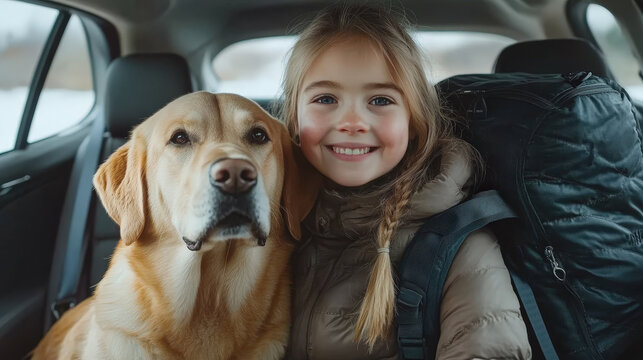 Young girl sitting in the passenger seat with her dog.