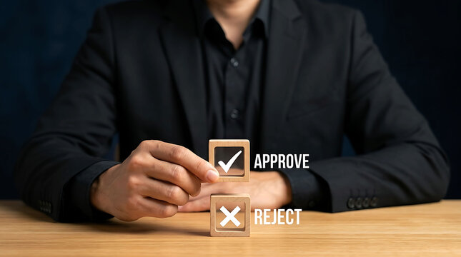 Businessman choosing approve check mark over reject option on wooden block
