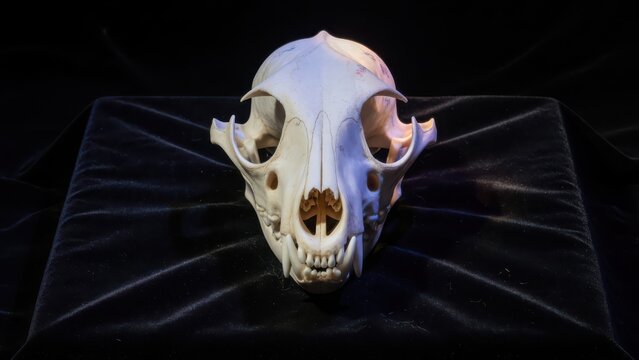 A fragile fox skull rests upon a dark velvet surface showcasing anatomical structure and bone textures while highlighting the natural predatory features of this wild forest mammal during the nigh